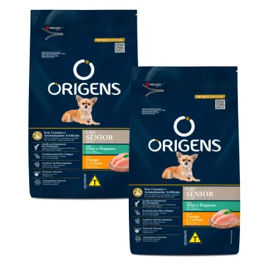 Kit 2 Ração para Cães Sênior Mini e Pequeno Porte Origens Premium Especial Sabor Frango e Cereais Integrais 1Kg