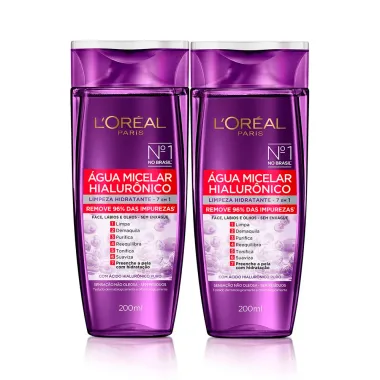 Kit 2 Água Micelar com Hialurônico L'Oréal Limpeza Hidratante 7 em 1 200ml