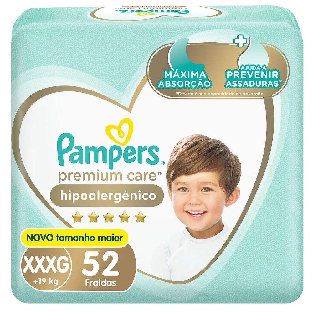 Fralda Pampers Premium Care Jumbo Tamanho XXXG 52 Unidades Descartáveis