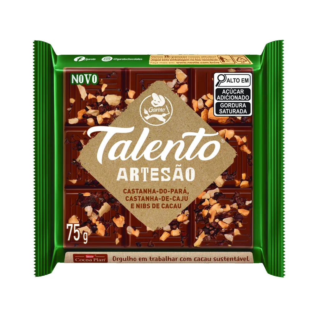 Chocolate Garoto Talento Artesão Castanha do Pará, Castanha de Caju e Nibs de Cacau 75g