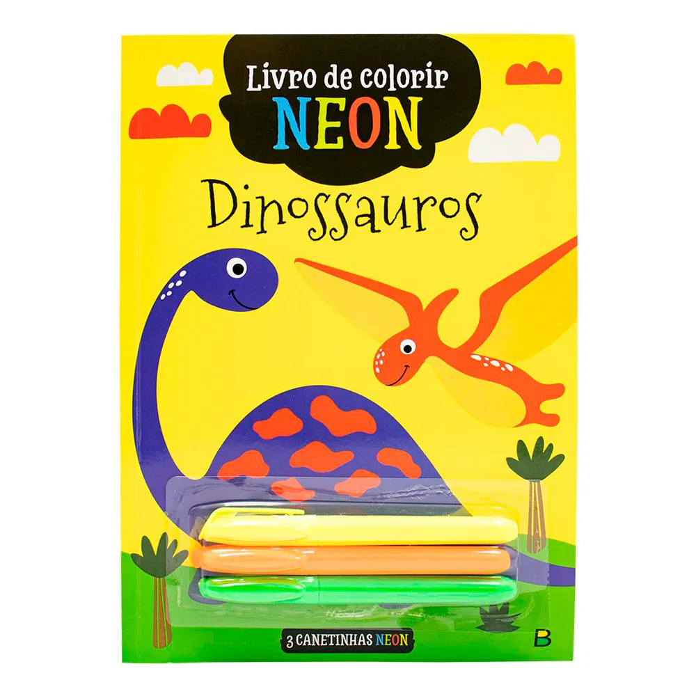 Livro de Colorir Neon Dinossauro Todo Livro com 3 Canetinhas Neon