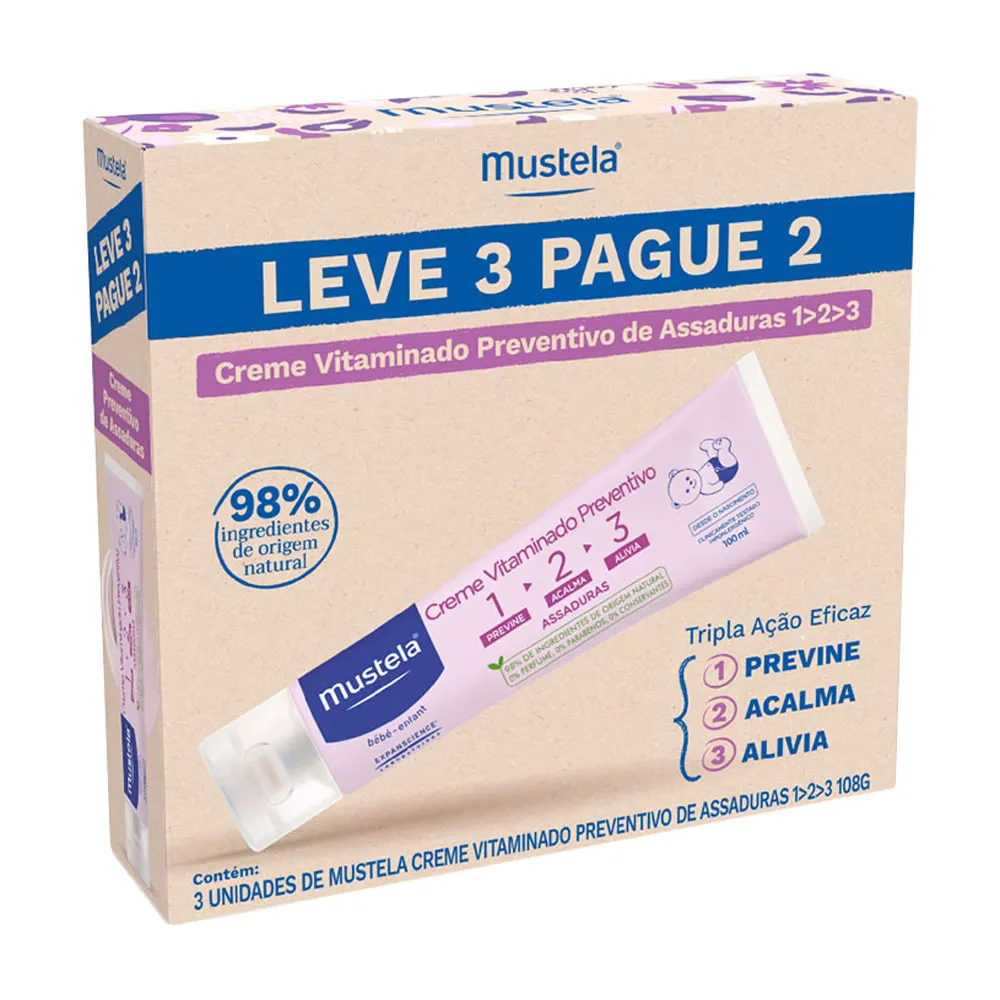 Kit Mustela Creme Vitaminado Preventivo de Assaduras 1 2 3 108g Leve 3 ...