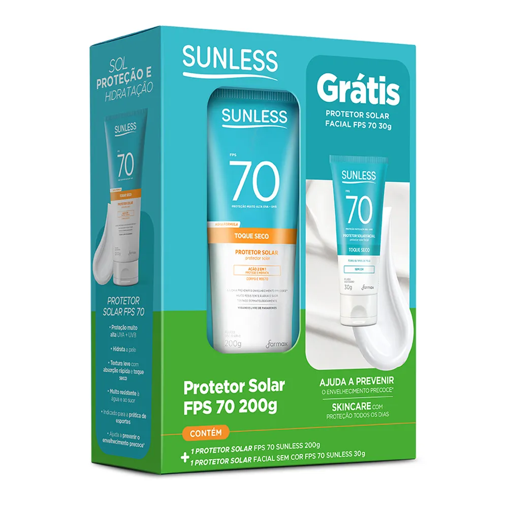 Protetor Solar Sunless FPS 70 Toque Seco 200g e Ganhe Protetor Solar Facial FPS 70 Toque Seco Sem Cor 30g
