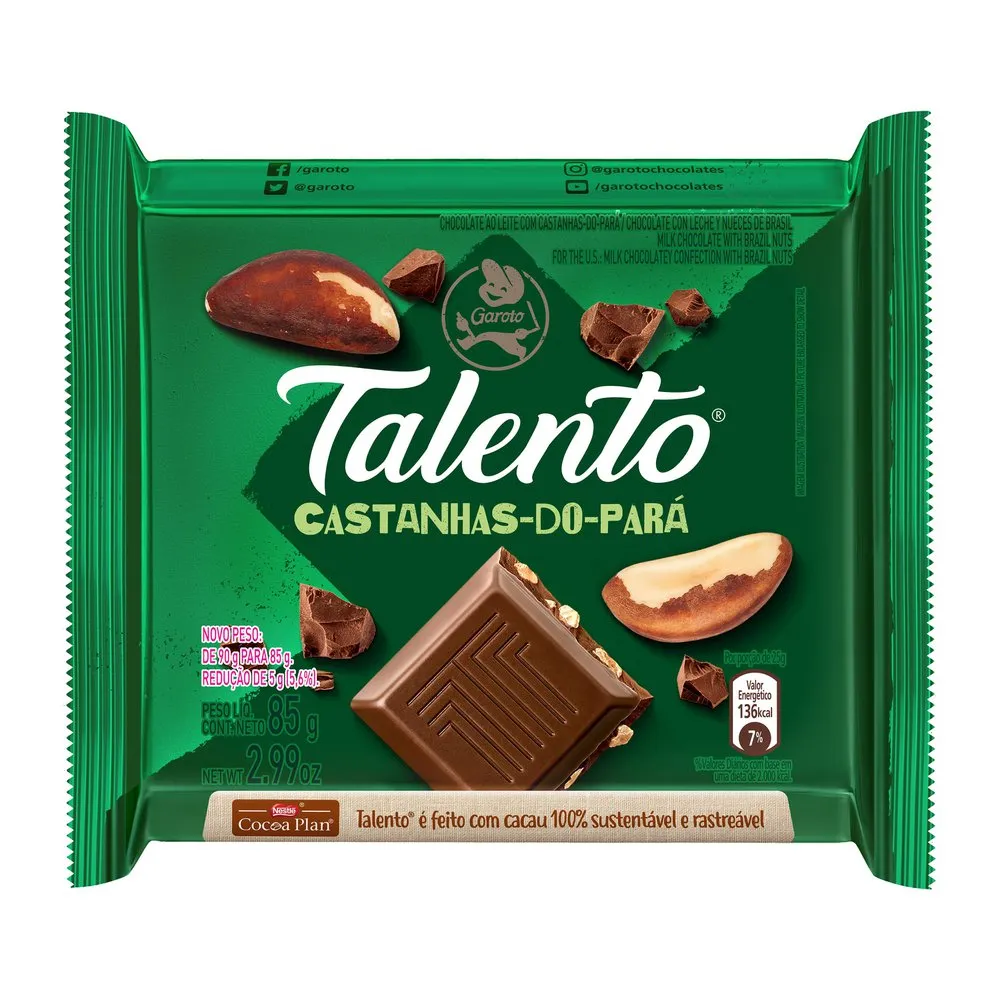 Chocolate Garoto Talento ao Leite com Castanha do Pará 85g