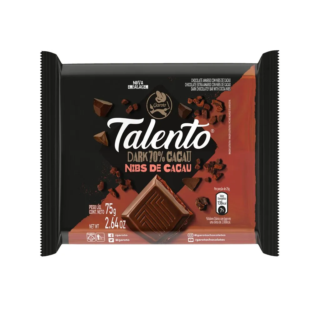 Chocolate Garoto Talento Dark Nibs de Cacau 75g