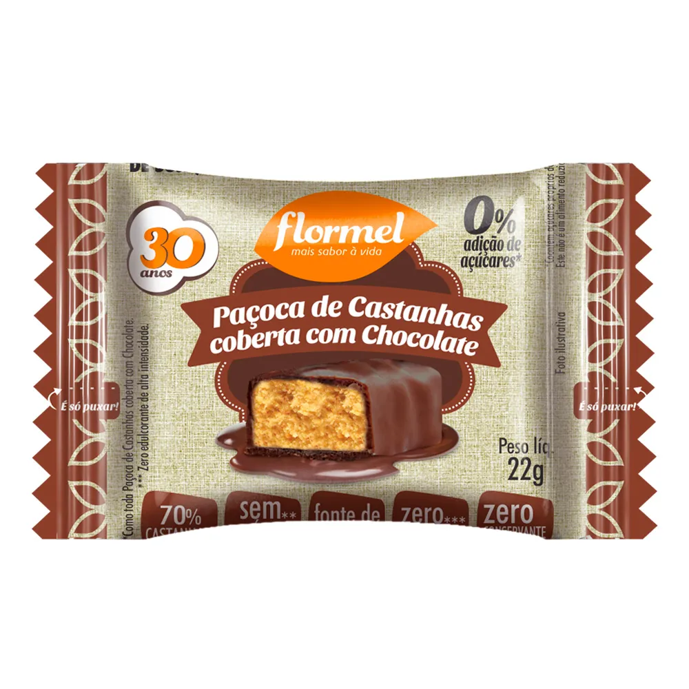Paçoca de Castanhas Coberta com Chocolate Flormel Zero Adição de Açúcares 20g