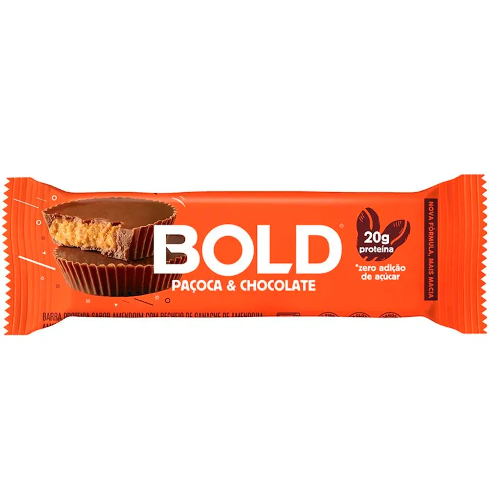 Barra de Proteína Bold Sabor Paçoca e Chocolate 20g de Proteína Zero Açúcar com 60g