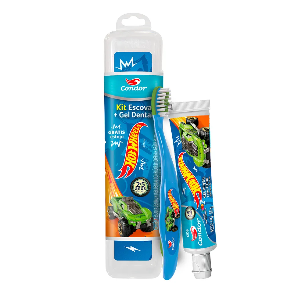 Kit Escova + Gel Dental Condor Kids Hot Wheels com Flúor Tutti Frutti 50g e Ganhe Estojo Protetor