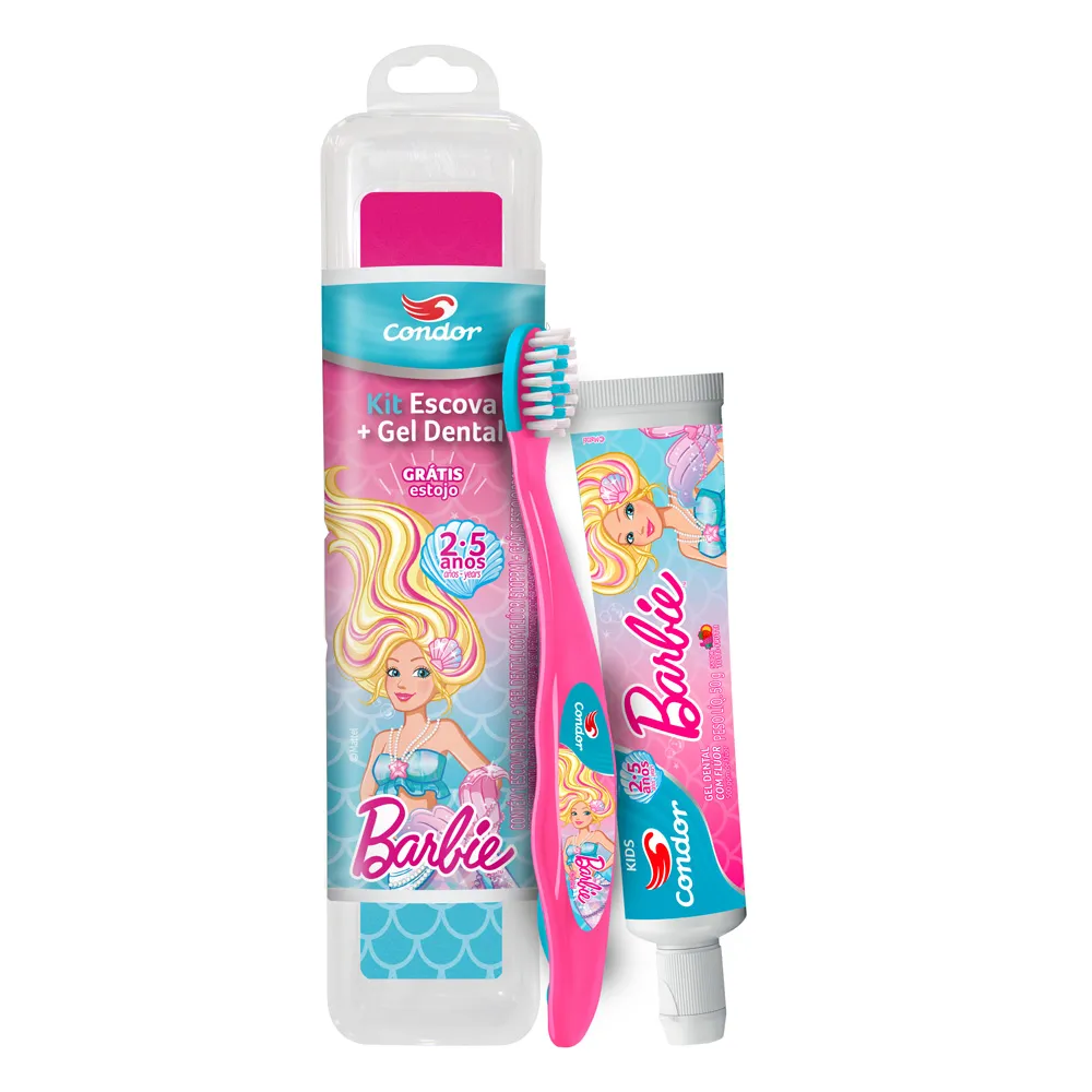 Kit Escova + Gel Dental Condor Kids Barbie com Flúor Tutti Frutti  50g e Ganhe Estojo Protetor