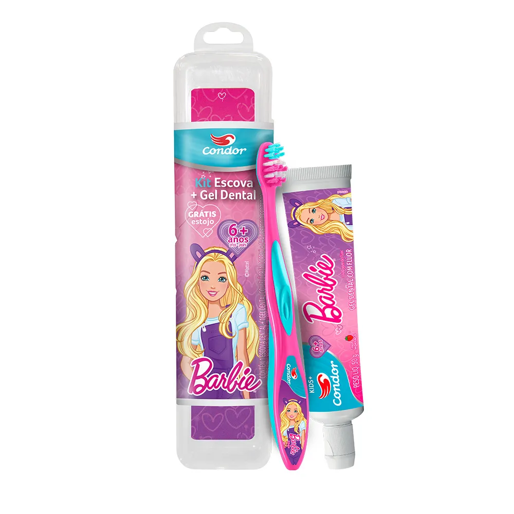 Kit Escova + Gel Dental Condor Kids Barbie com Flúor Morango 50g e Ganhe Estojo Protetor