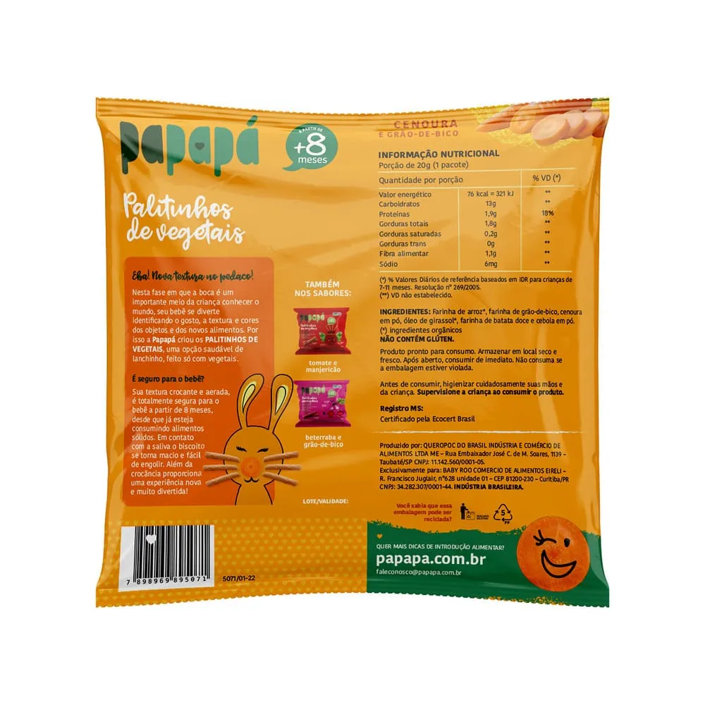 Palitinhos de Vegetais Papapá 8+ Meses Sabor Cenoura e Grão de