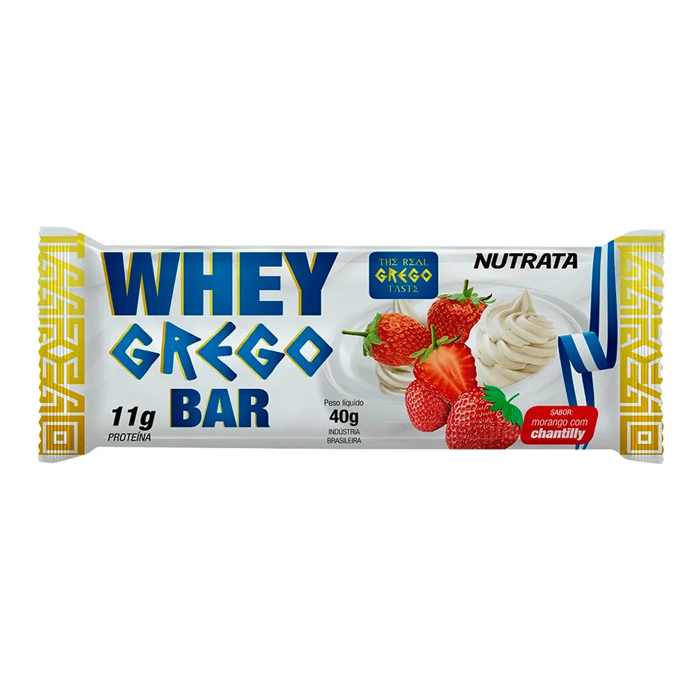 Barra de Proteína Whey Grego Bar Nutrata Sabor Morango com Chantilly 11g de Proteína 40g