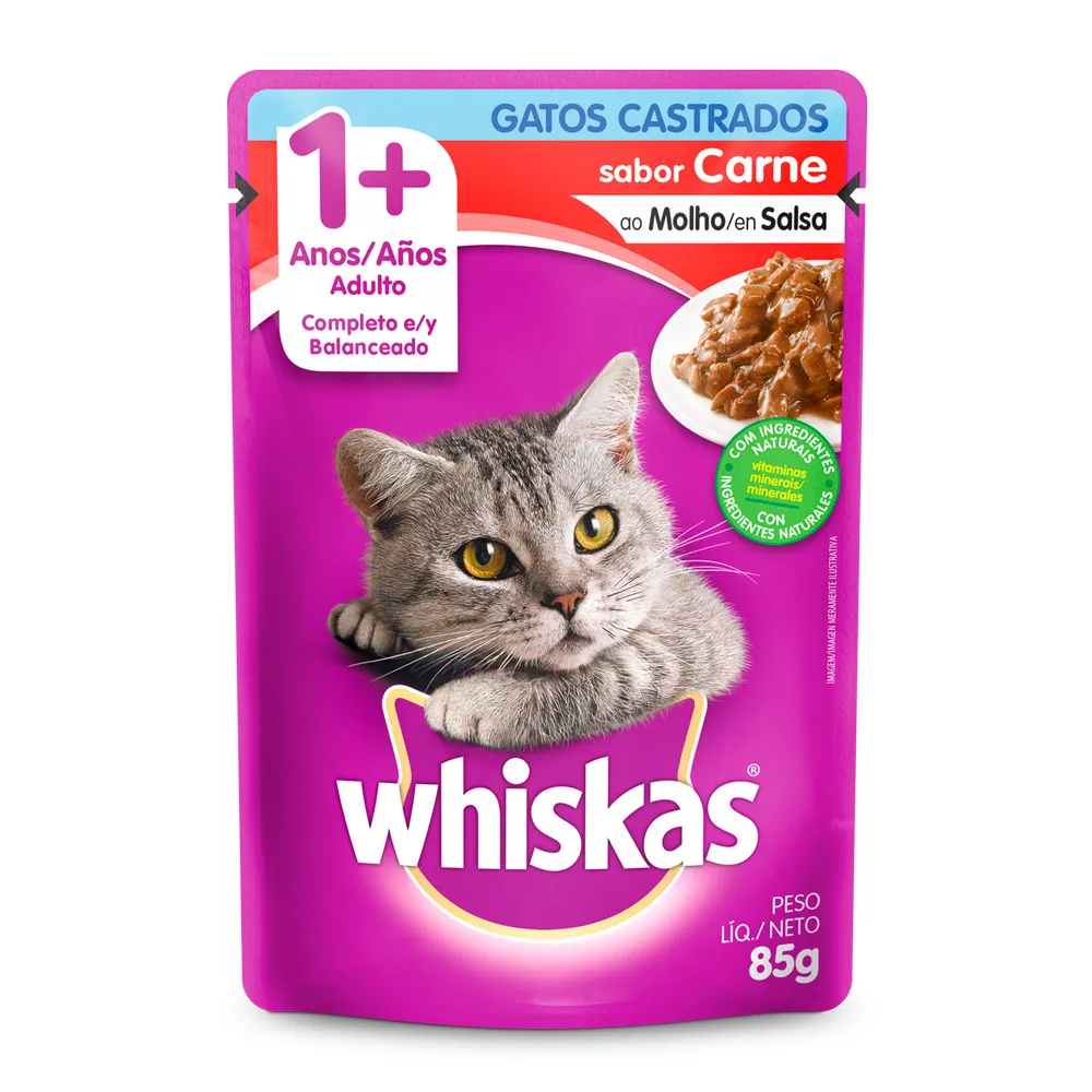 Ração Úmida para Gatos Whiskas Adultos 1+ Anos Castrados Sabor Carne em Sachê 85g