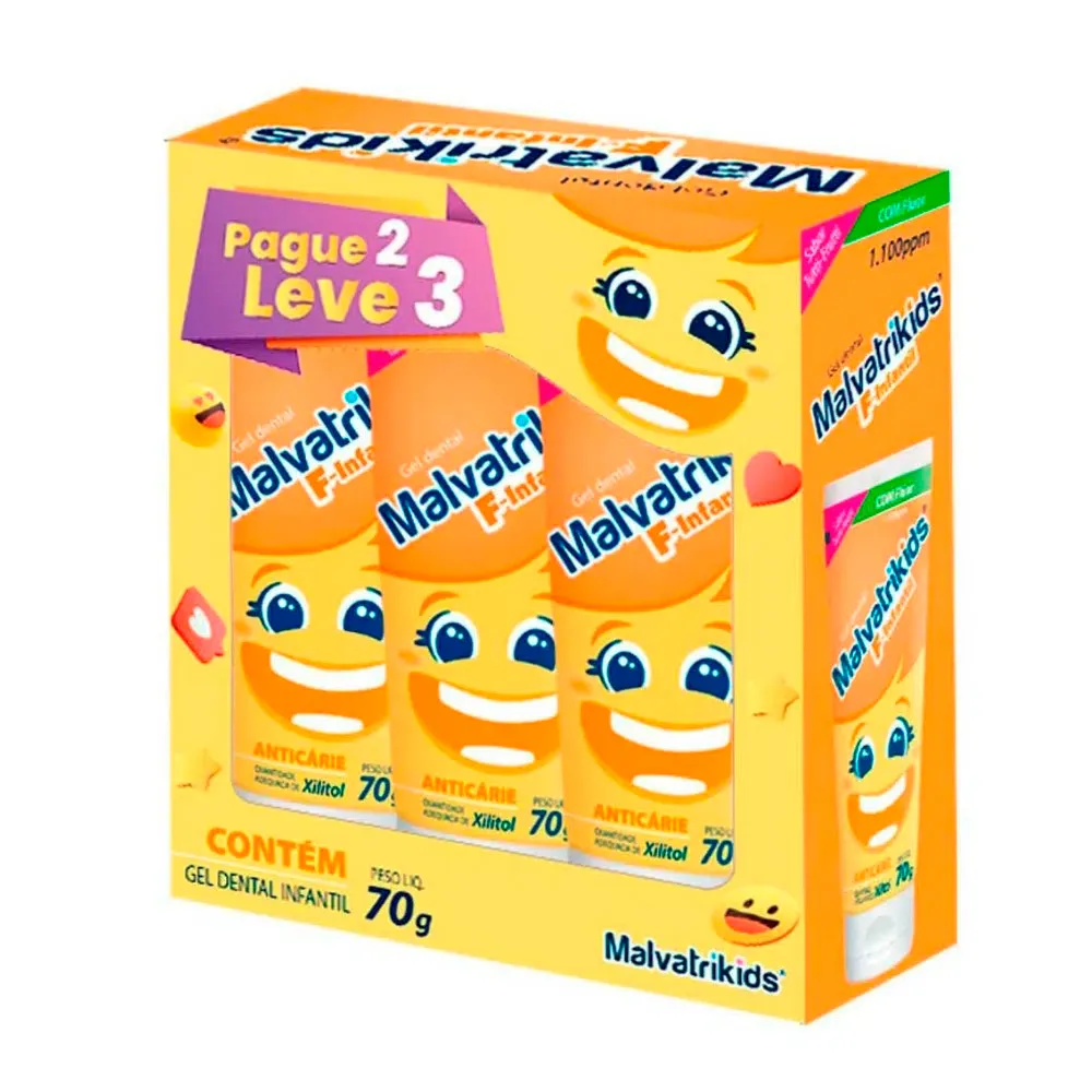 Kit Gel Dental Infantil Malvatrikids Baby Anticárie com Flúor e Xilitol 3 Unidades 70g cada