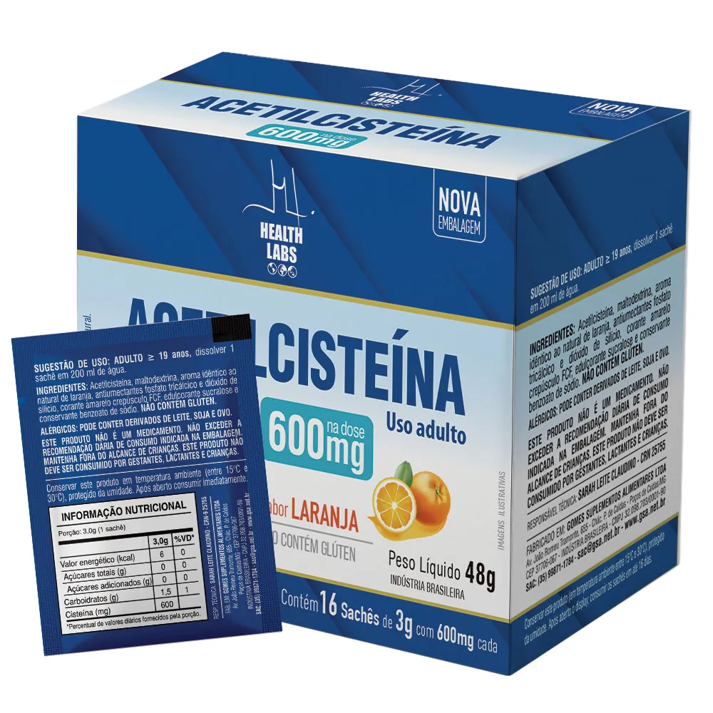 NAC Acetilcisteína 600mg Health Labs 16 Sachês de 3g cada