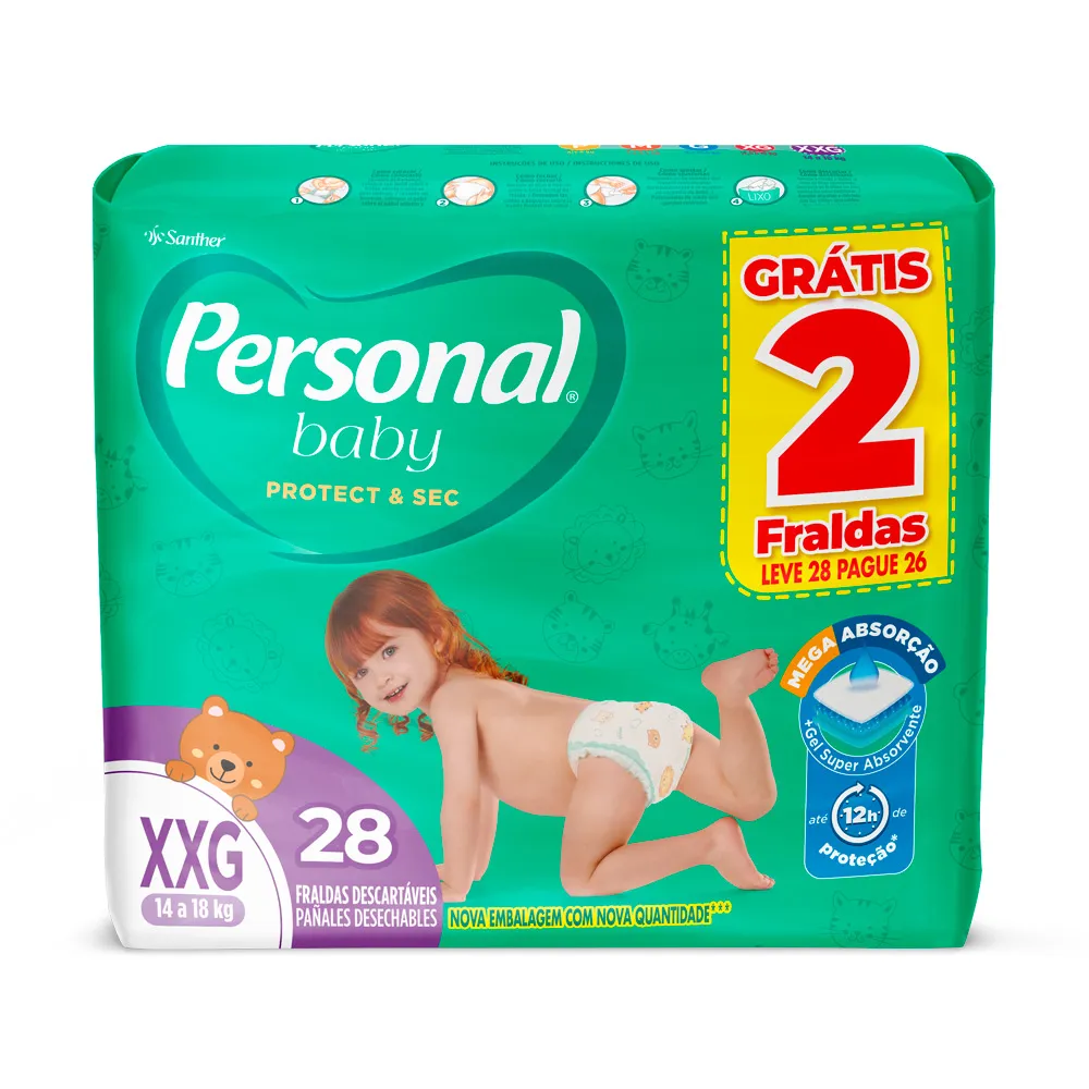Fralda Personal Baby Protect & Sec Tamanho XXG Leve 28 Pague 26 Fraldas Descartáveis