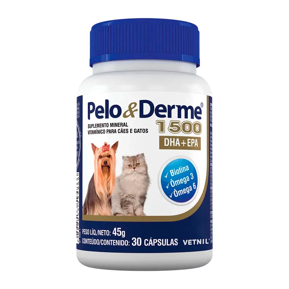 Pelo & Derme 1500 para Cães e Gatos Uso Veterinário com 30 Cápsulas