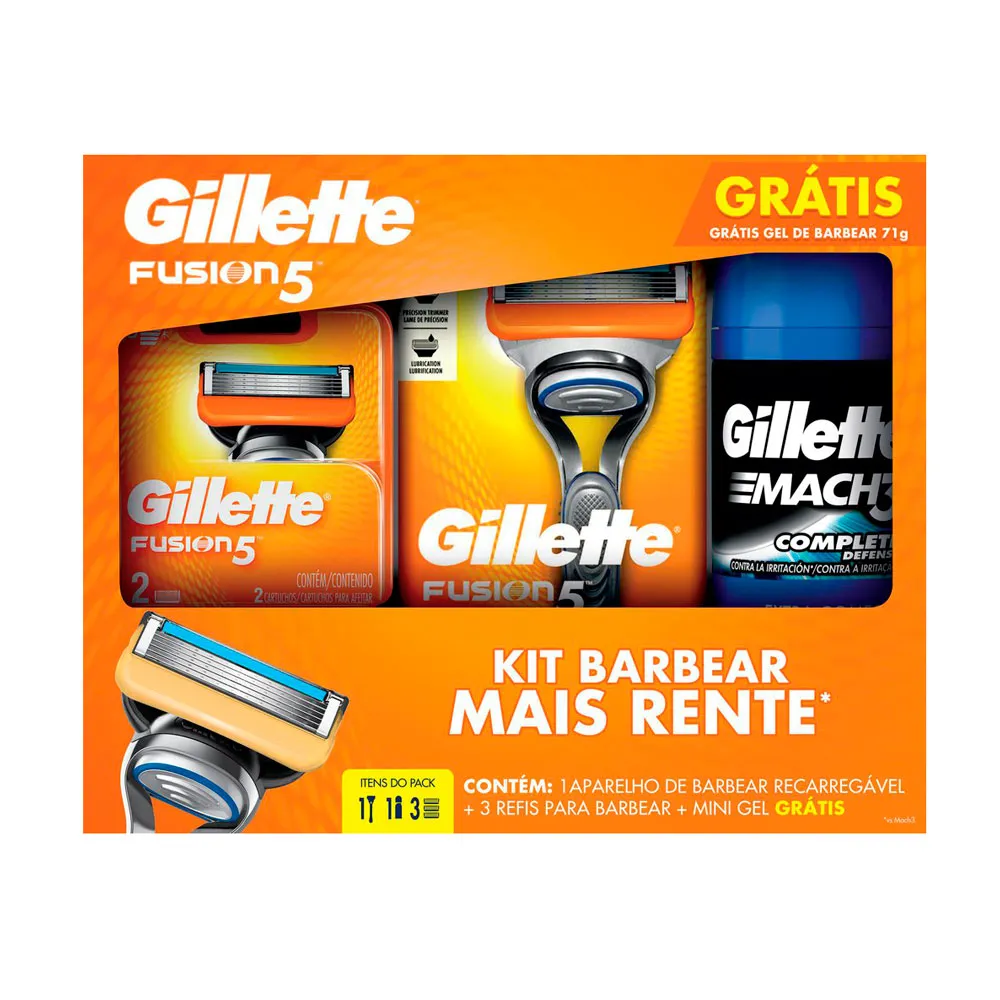 Kit Aparelho de Barbear Gillette Fusion5 1 Unidade + Refis para Barbear Gillette Fusion5 3 Unidades + Gel Barbear Gillette Mach3 Ectra Comfort 71g