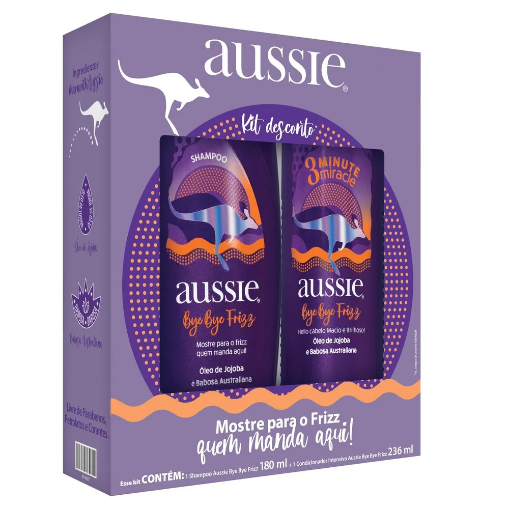 Kit Shampoo Aussie Bye Bye Frizz Maciez e Brilho 180ml e 3 Minutos