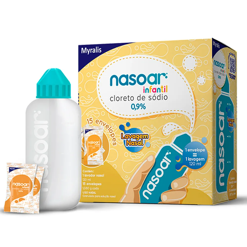 Nasoar Infantil 0,9% Solução para Lavagem Nasal com 15 Envelopes e Frasco Aplicador