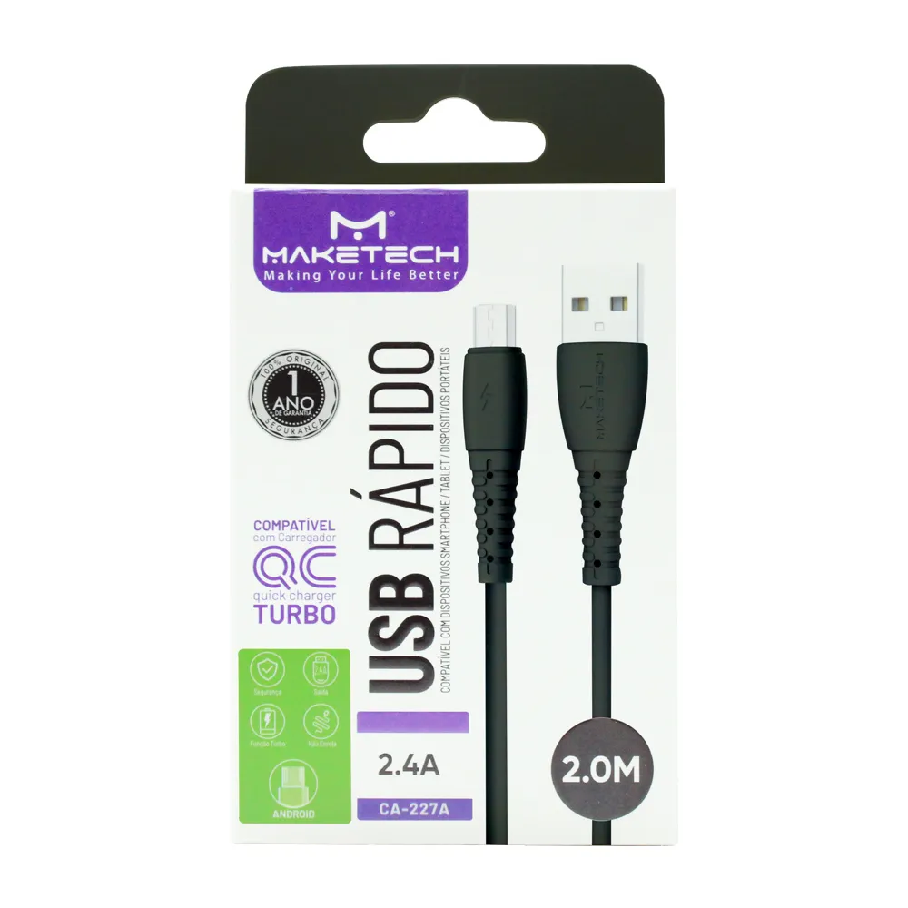 Cabo Micro USB Maketech CA 227A Preto 2.4A 2 Metro