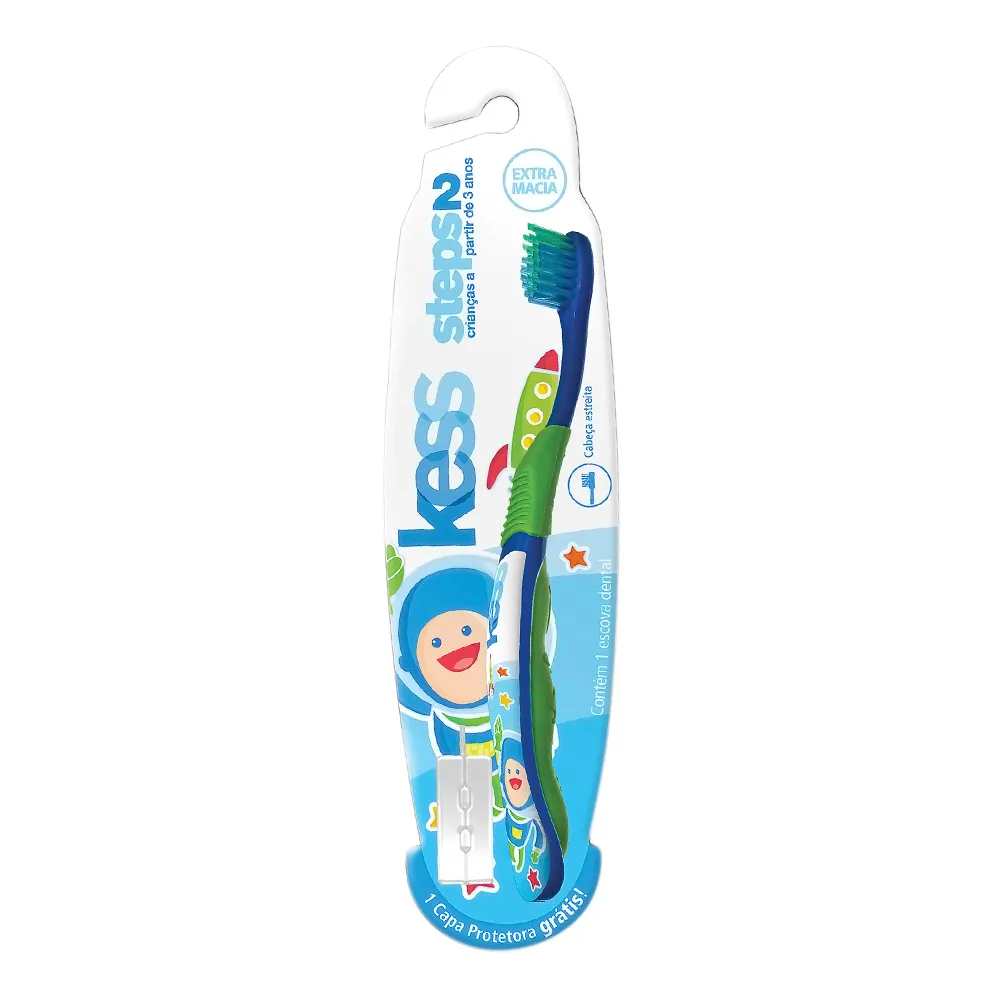 Escova Dental Infantil Kess Steps 2 Extra Macia Cores Sortidas 1 Unidade e Ganhe Capa Protetora