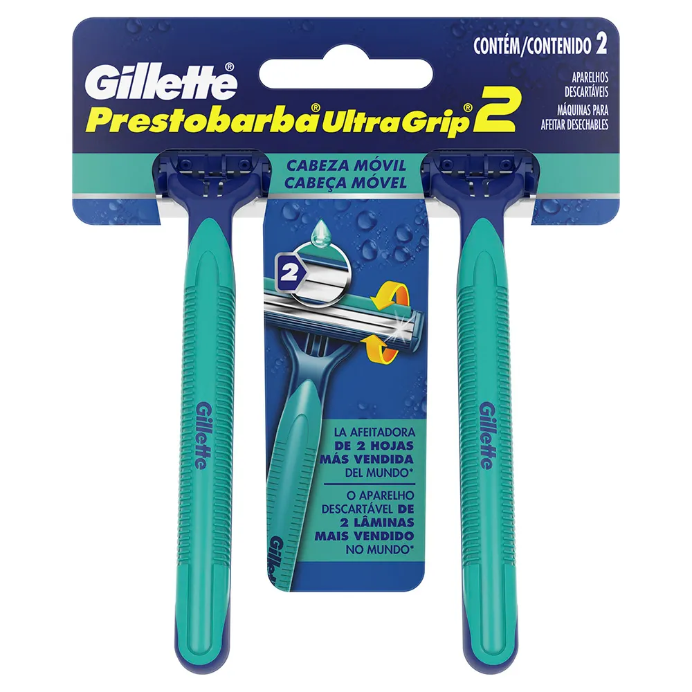 Gillette Prestobarba Ultragrip2 Aparelho de Barbear Descartável Cabeça Móvel 2 Unidades