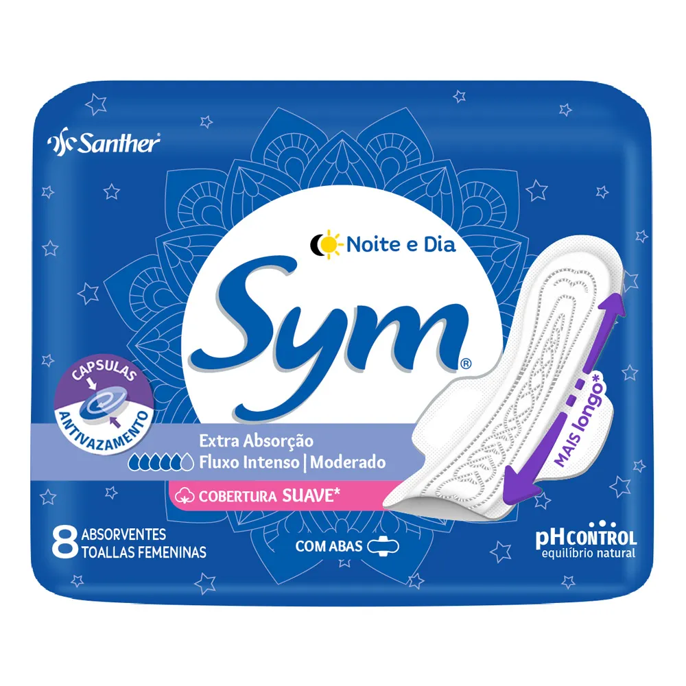 Absorvente Sym Noite & Dia Cobertura Suave com Abas 8 Unidades ...