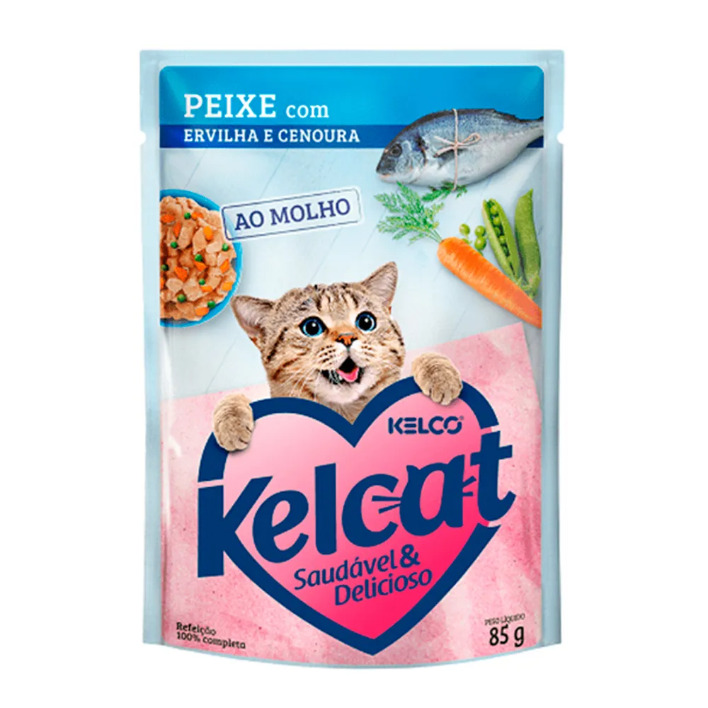 Ração Úmida para Gatos Kelcat Sabor Peixe com Ervilha e Cenoura em Sachê 85g