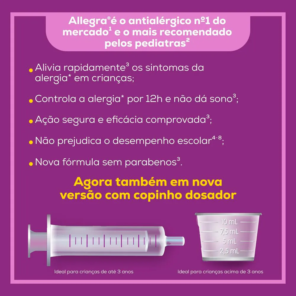 Allegra Pediátrico 6mg/ml Antialérgico Infantil Suspensão 150ml Frasco