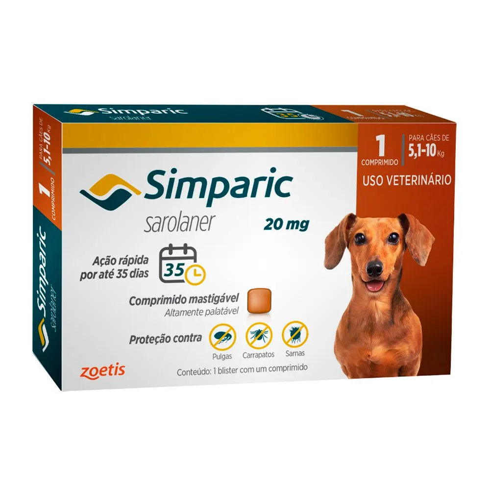 Simparic 20mg para Cães de 5,1 a 10kg com 1 Comprimido Mastigável ...