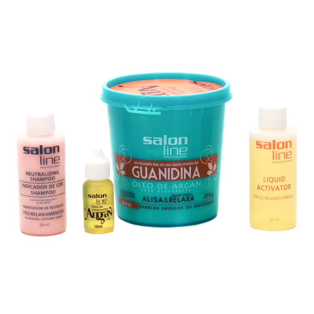 Creme de Relaxamento Salon Line Guanidina Ouro Marroquino Super para Cabelos Grossos ou Resistentes 218g +1 Shampoo Neutralizante 54ml + 1 Líquido Activador 54ml + 1 Óleo Argan