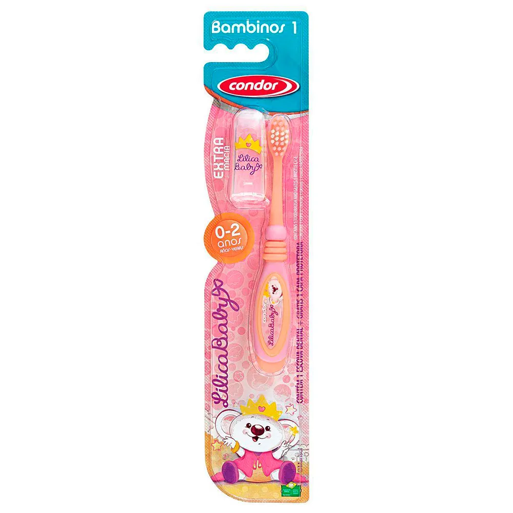 Escova Dental Infantil Condor Bambinos Lilica Baby Extra Macia Cores Sortidas com 1 Unidade e Ganhe Capa Protetora