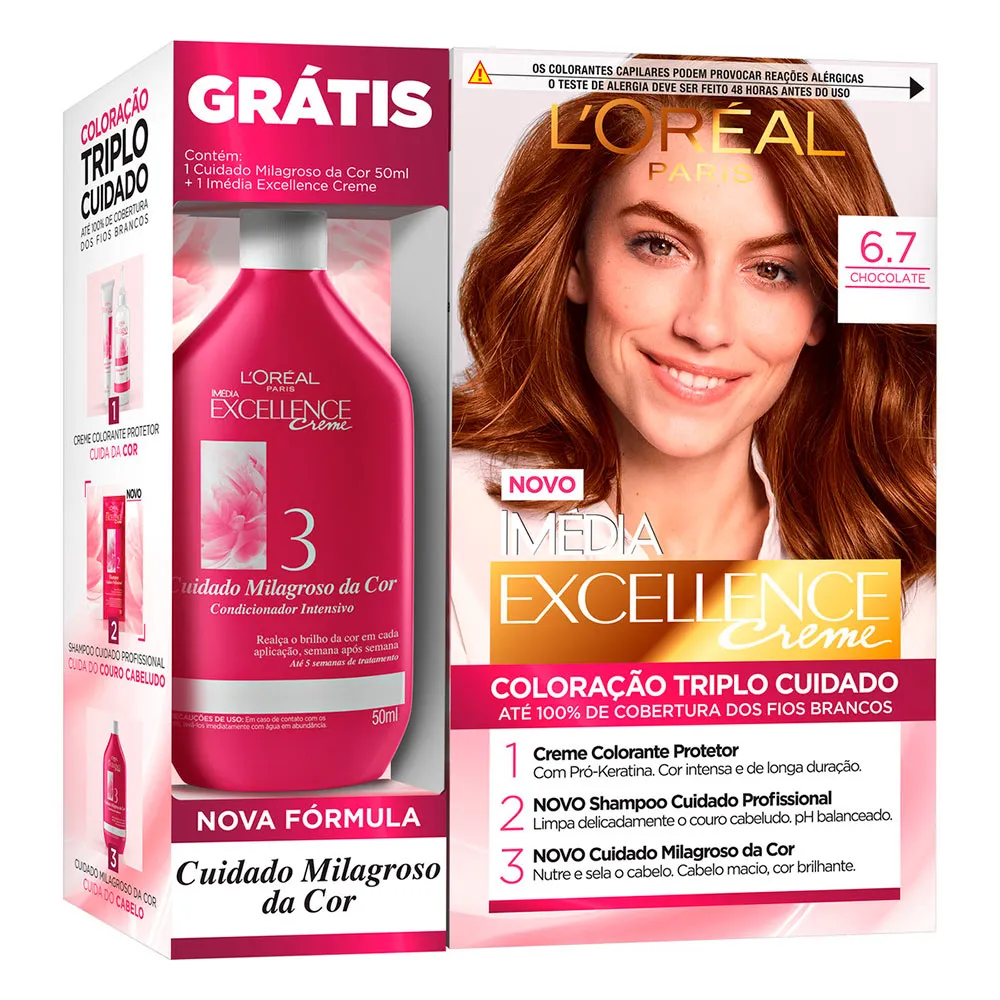 Kit Tintura Imédia Excellence L'oréal Chocolate 6.7 Ganhe Condicionador Cuidado Milagroso da Cor