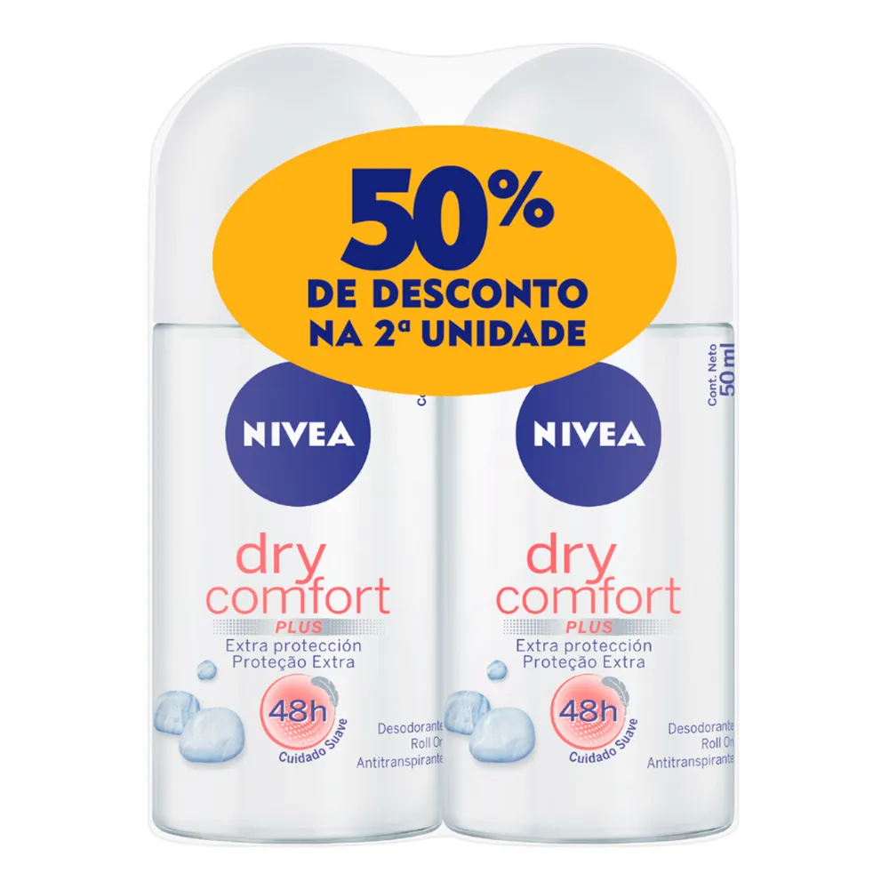 Desodorante Antitranspirante Roll-on Nivea Dry Comfort 48h com 2 Unidades de 50ml cada + 50% Desconto na 2ª Unidade