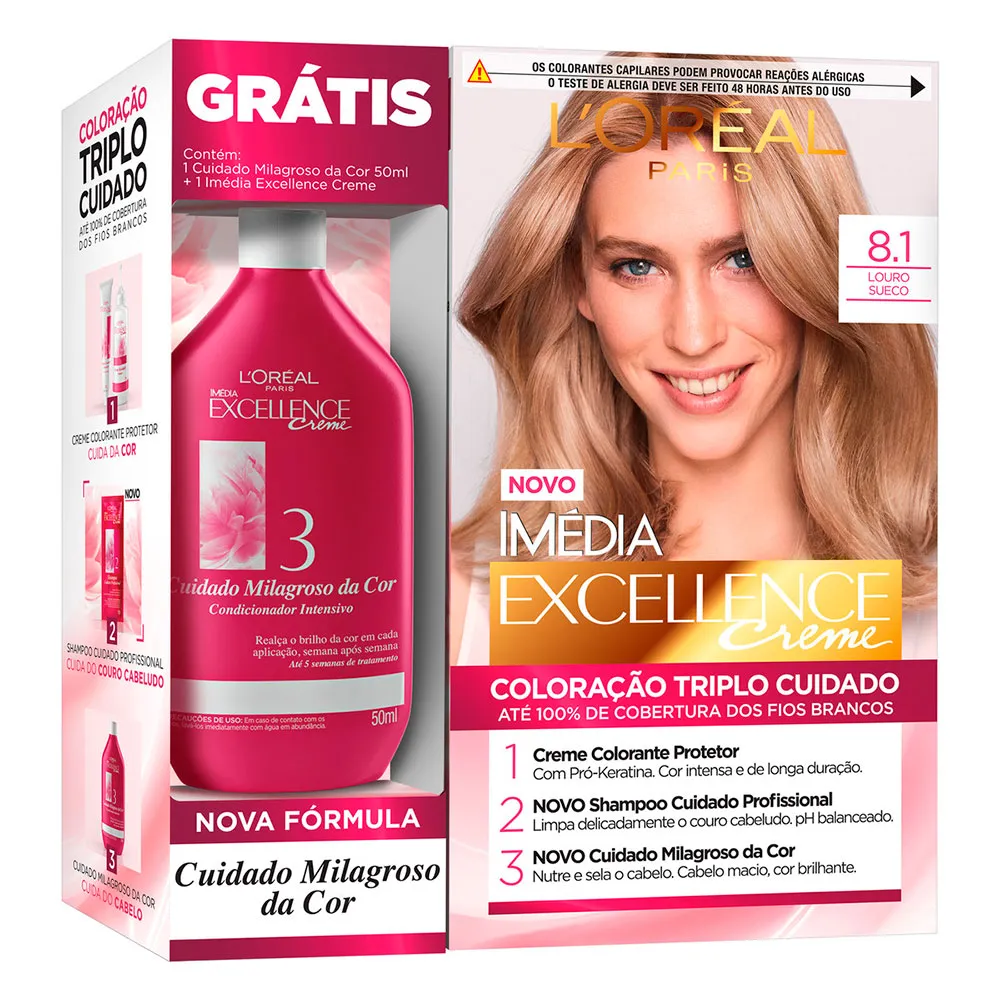 Kit Tintura Imédia Excellence L'oréal Louro Sueco 8.1 Ganhe Condicionador Cuidado Milagroso da Cor