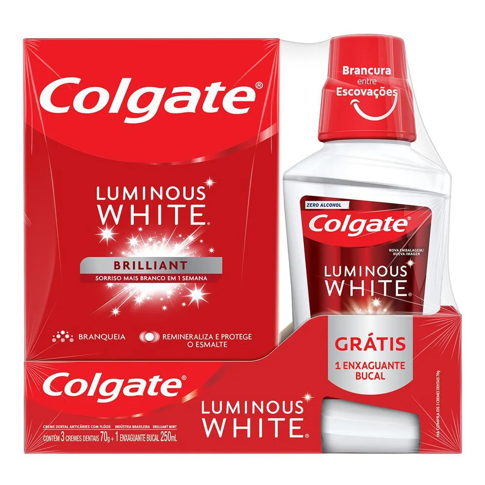 Creme Dental Colgate Luminous White 3 Unidades de 70g cada e Ganhe Enxaguante Bucal Luminous White 250ml