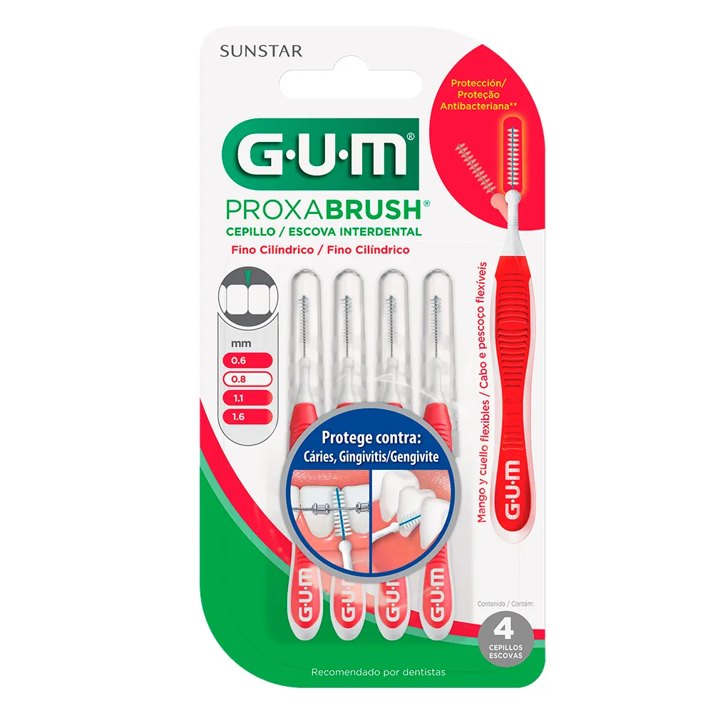Escova Interdental Gum Proxabrush 0,8mm Fino Cilíndro com 4 Unidades