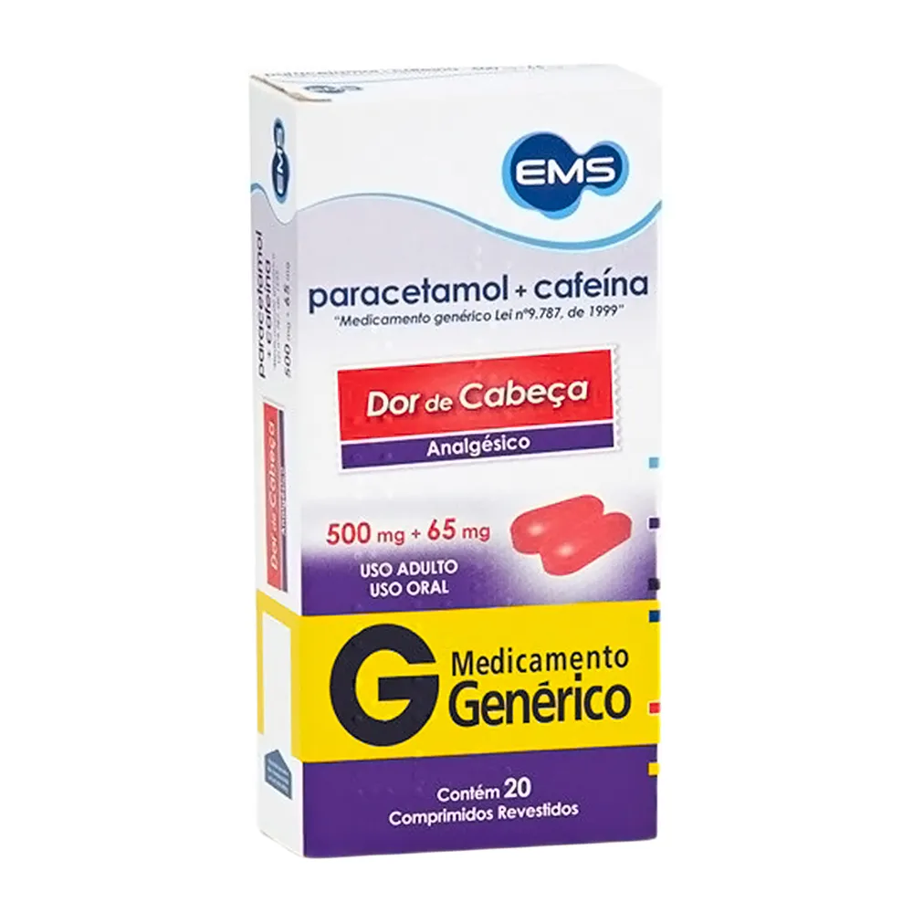 Paracetamol 500mg + Cafeína 65mg EMS Genérico com 20 Comprimidos