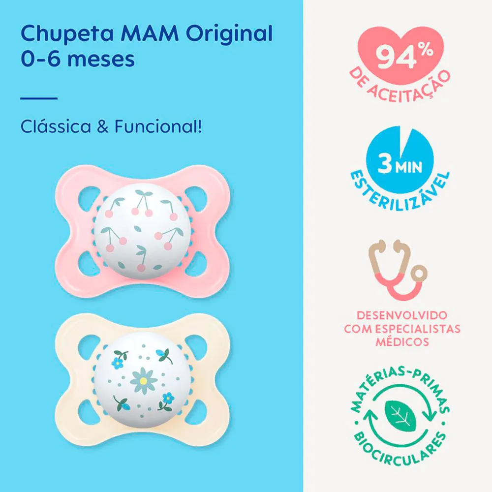 Chupeta Mam Original 0 a 6 Meses Silicone Desenhos Sortidos Girls