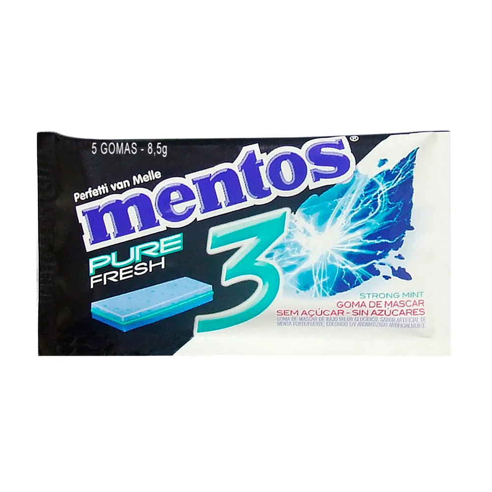 Chiclete Mentos Pure Fresh 3 Sabor Strong Mint Sem Açúcar 8,5g com 5 Unidades