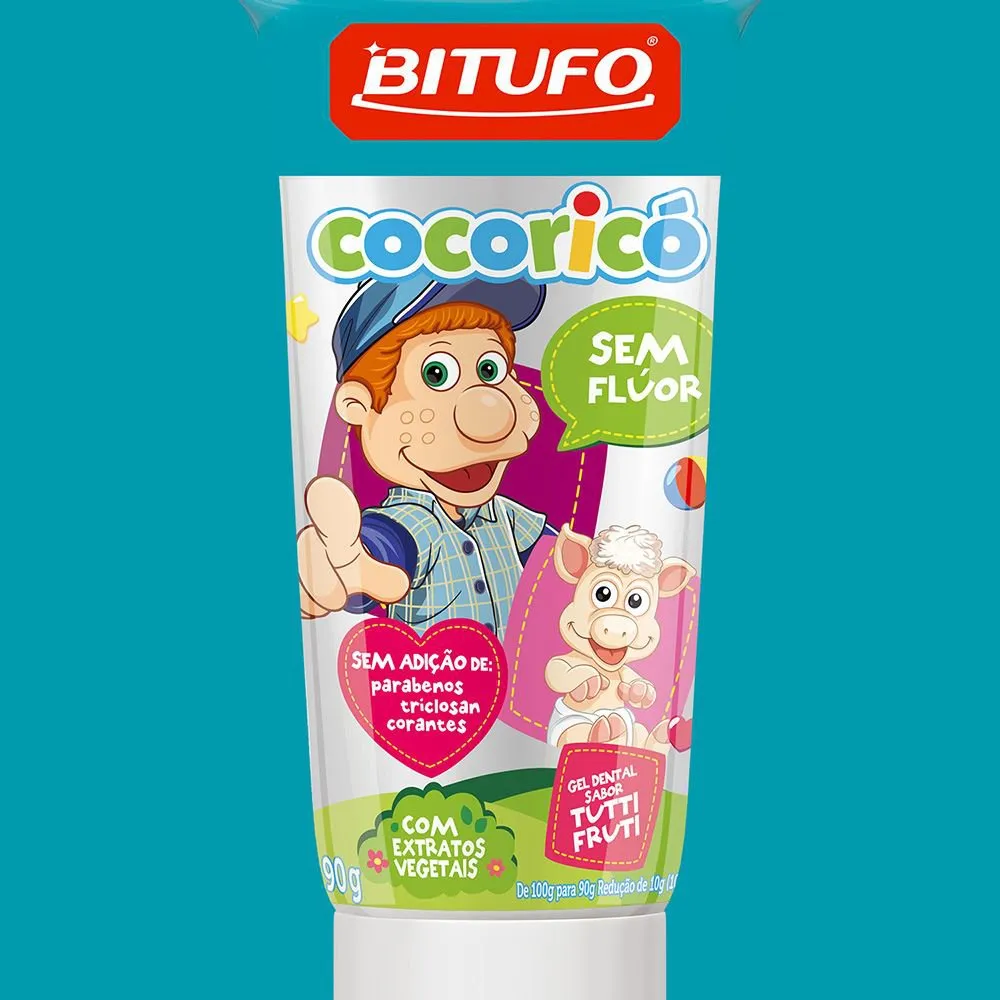 Gel Dental Bitufo Cocoricó Sem Flúor Sabor Tutti-Frutti 90g