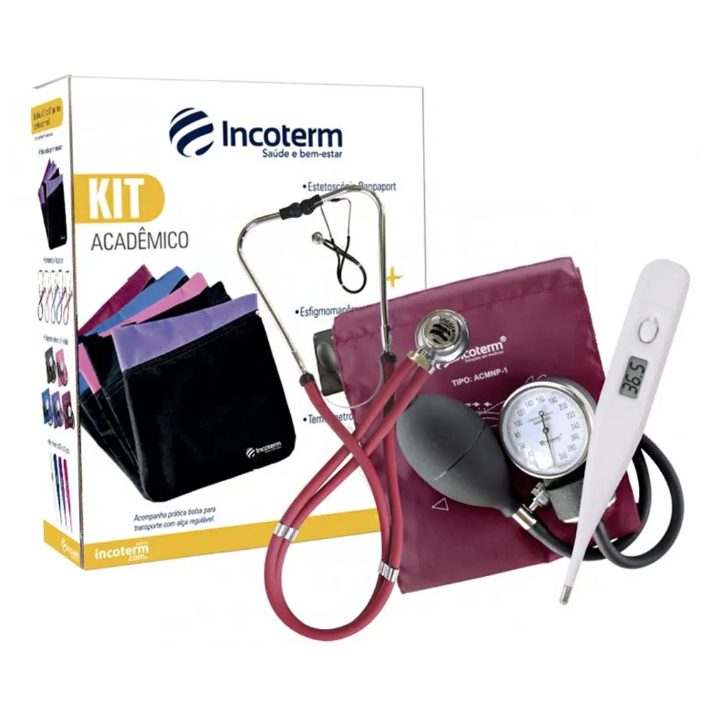 Kit Acadêmico Incoterm KA100 Bordô com 1 Estetoscópio Rappaport + 1 Esfigmomanômetro Aneróide + 1 Termômetro Digital + Bolsa