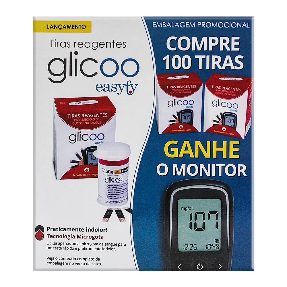 Glicoo Easyfy Tira Teste com 100 Unidades e Ganhe Glicoo Easyfy Kit Monitor de Glicemia