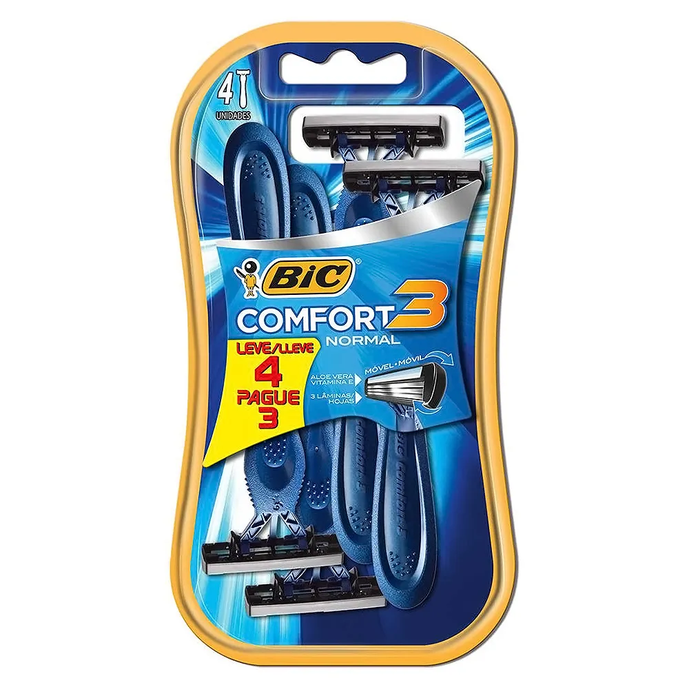 Aparelho de Barbear Bic Comfort 3 Pele Normal Leve 4 Pague 3 Unidades