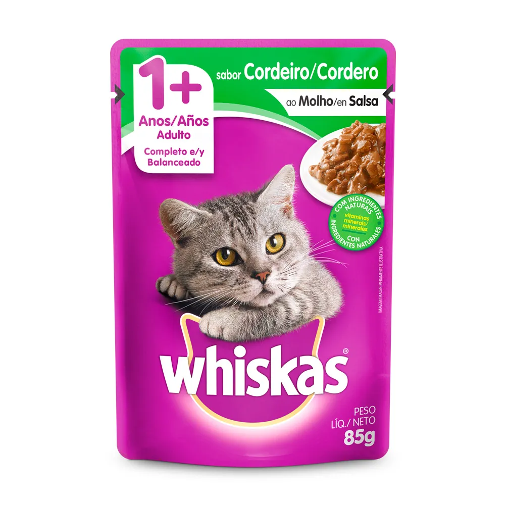 Ração Úmida para Gatos Whiskas Adulto 1+ Anos Sabor Cordeiro ao Molho em Sachê 85g