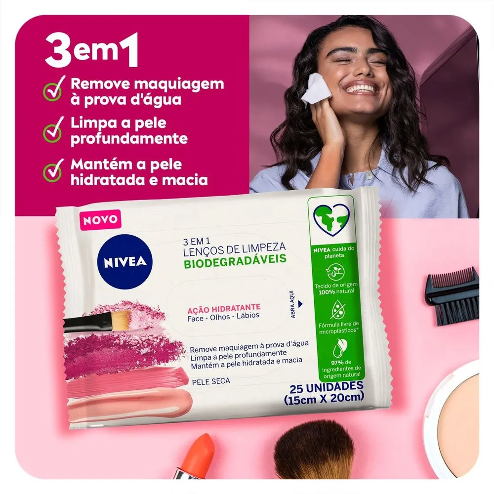 Lenço de Limpeza NIVEA Demaquilante Ação Hidratante 3 em 1 25 unidades