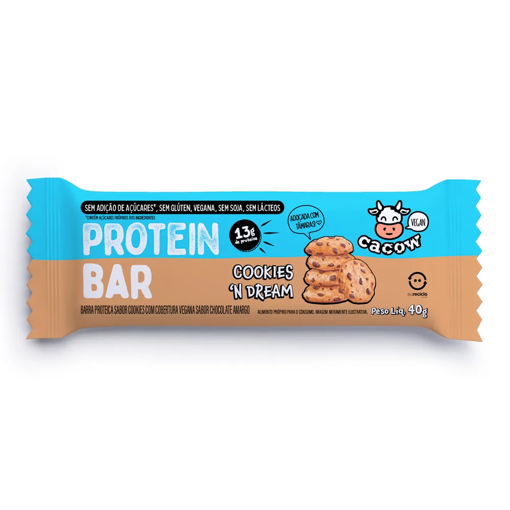 Barra de Proteína Vegana Protein Bar Cacow Sabor Cookies'n Dream com 13g de Proteína 40g