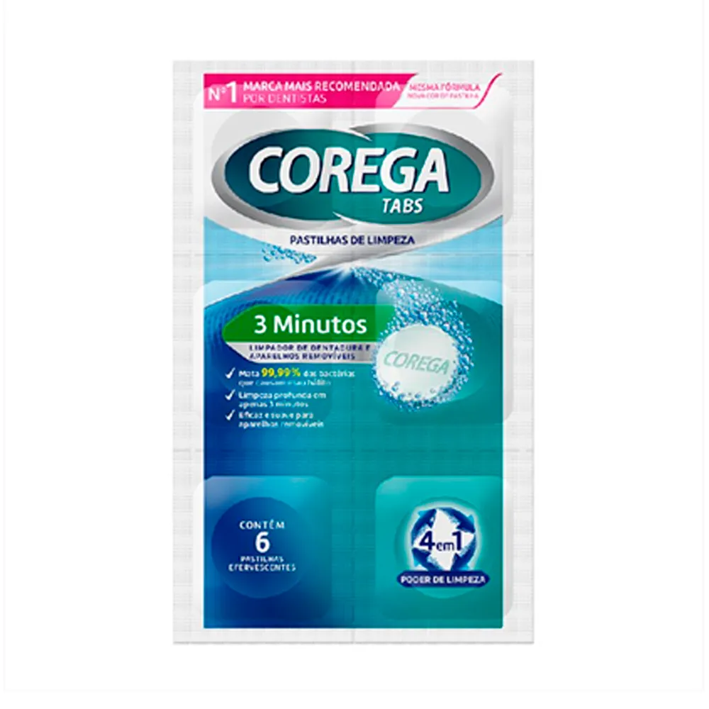 Corega Tabs Limpador de Dentadura 3 Minutos com 6 Pastilhas Efervescentes