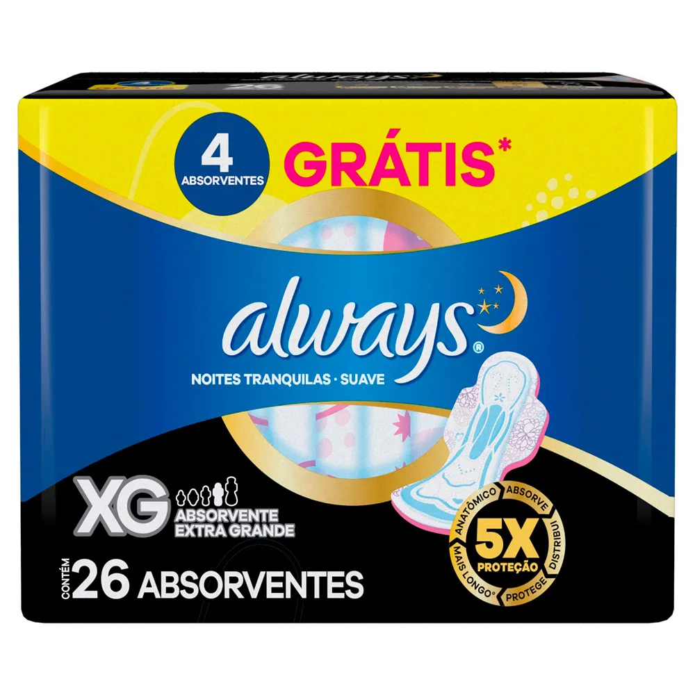 Absorvente Always Noturno Suave Tamanho XG com Abas 26 Unidades